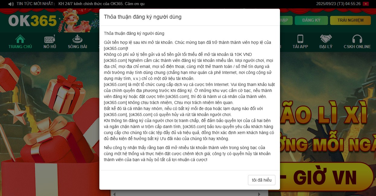 Một số điều kiện cần người chơi đồng ý trước khi đăng ký Ok365