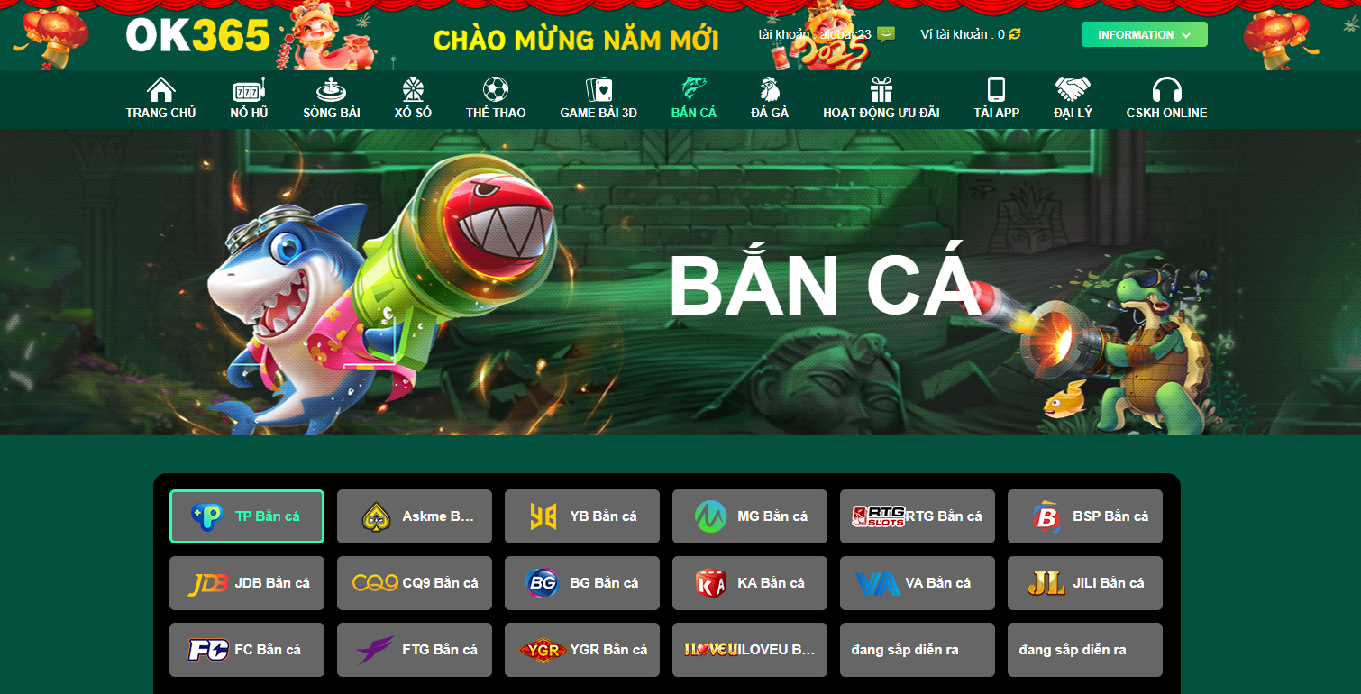 Sảnh bắn cá OK365 với hơn 100+ trò chơi với chủ đề game bắn cá Online đổi thưởng bằng tiền thật