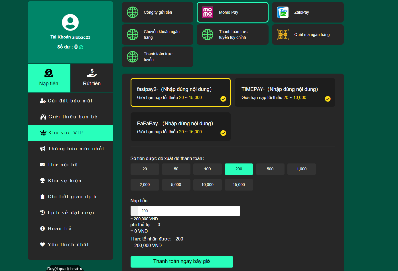Nạp tiền qua ví điện tử